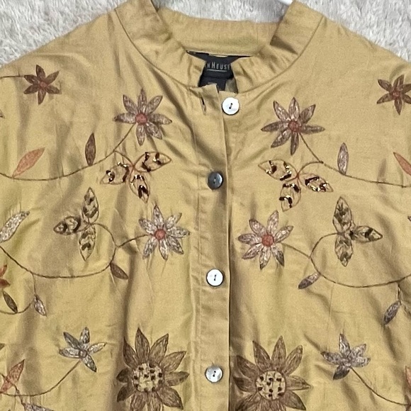 100% Silk Embroidered Button Up Shirt Jacket Stand Collar Sz M Floral Beaded - Picture 2 of 14